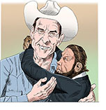 Cartoon spoof of the biopic Reagan with Dennis Quaid as a smiling Reagan in a white cowboy hat and co-star Jon Voight hanging around his neck as Bonzo, his simian sidekick from a series of comedy films in his Hollywood days.