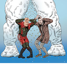 Cartoon spoof of the film Red One with Santa's head of security Callum Drift (Dwayne Johnson) and bounty hunter Jack O'Malley (Chris Evans) getting tinkled on by a giant evil snowman seen from the thighs down who releases a stream of ice cubes turning yellow on their heads.