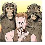 Cartoon spoof of the thriller film Speak Nom Evil with main psychopathic character Paddy (James McAvoy) holding his finger to his lips in a shushing motion while two monkeys stand behind him in the Hear No Evil and See No Evil poses.