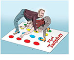 Cartoon spoof of the film Twisters with smiling characters Tyler (Glen Powell) and Kate (Daisy Edgar-Jones) on all-fours, intertwined on a Twister-style party game mat renamed Plot Twisters.