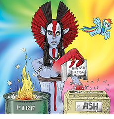 Cartoon spoof of the sci-fi epic film Avatar: Fire and Ash showing the sorceress Varang behind a burning barrel marked FIRE in which she's burned much of the script for 'Avatar 3, 4 &5' which she is now holding over a disposal receptacle labeled ASH suggesting the lousiness pf this sequel will preclude further installments. To reinforce the twee nature of this fantasy world a cutesy animated Pretty Little Pony is flying through the rainbow-colored sky behind her.