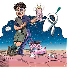 Cartoon spoof of the animated sci-fi Pixar film Elio showing the 11-year-old eponymous hero on an alien planet showing off a phallic adult toy called the Glordon Tickler based on a big worm-like character to the confused robot character Eve from the hit WALL·E.