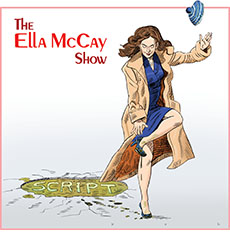 Cartoon spoof of the film Ella McCay retitled The Ella McCay Show deriding it's sitcom-like tone of writer/director James L. Brooks and depicting the title character as a Mary Tyler Moore-type tossing her woolen hat in the air as she bends forward to fix the broken heel on her high-heeled shoe. Her shoes and legs have been splattered by the greenish slop of the pothole she's stepped in which has the word SCRIPT floating in it.