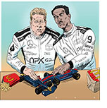 Cartoon spoof of the Formula 1 race car film F1: The Movie showing the main characters Sonny Hayes (Brad Pitt) and Joshua Pearce (Damson Idris), dressed in their racing suits covered in corporate logos, playing with toy cars at a McDonald's restaurant table and smashing them into each other.