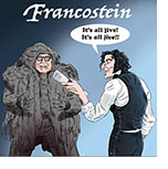 Cartoon spoof of the horror film Frankenstein showing Doctor Frankenstein (Oscar Isaac) handing a rolled-up scroll of a contract that says Final Cut on it to the 'monster' in his animal fur costume who is actually director Guillermo del Toro. The image has the Spanish-styled title Francostein reflecting the Mexico-born director’s take and the mad doctor is saying ‘It’s all jive! It’s all jive!!’