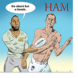 Cartoon spoof of the football horror film Him showing mentor Isaiah White (Marlon Wayans) wearing a Scary Movie sweatshirt as he throws a football-shaped SCRIPT to  Cameron Cade (Tyriq Withers) who's running right next to him wearing only a towel. Under the title HAM, White says to Cade with his hands out, 'Go short for a bomb' referring to the heavily-criticized script.