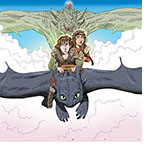 Cartoon spoof of the live action fantasy remake of How to Train Your Dragon showing Hiccup (Mason Thames) and Astrid (Nico Parker) flying on the back of Night Fury dragon Toothless as they are pursued by Queen Rhaenyra Targaryen riding Syrax from House of the Dragon.