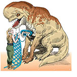 Cartoon spoof of the sci-fi sequel Jurassic World Rebirth showing adventurer/researcher Zora Bennett (Scarlett Johansson) knitting a net to capture the mutant dinosaur Distortus rex from yarn wrapped around the massive creature's tiny secondary arms as it looks down menacingly on her.