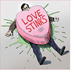 Cartoon spoof of the action film Love Hurts showing the star Ke Huy Quan lying flat on his back in green splatter representing his squashed charm as a giant pink candy heart that reads 'Love Stinks' sits on his chest.