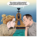 Spoof of the science fiction romance film Love Me showing lead characters Me (Kristen Stewart) and Iam (Steven Yeun) listlessly staring at each other as in the water behind them the 'smart buoy' of which she's an avatar exasperately gives the two acting lessons saying, 'How about a little emotion? I got more chemistry in my back-up battery than you two!' 