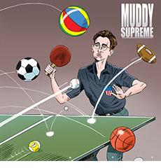 Cartoon spoof of sports bio-drama Marty Supreme with main character Marty Mauser (Timothy Chalamet) at a ping-pong table flailing at a ping-pong ball as a series of balls from more popular games come over the net, including pool, soccer, beach ball, baseball, football and basketball under the title Mushy Supreme.