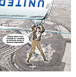 Cartoon spoof of the action film Mission: Impossible - The Final Reckoning showing lead character Ethan Hunt (Tom Cruise) hanging off an upside-down airplane with a United logo on flying over Newark Airport. Reflecting the real-life delays and air traffic control problems flyers are experiencing there, Hunt is receiving the message in his ear piece, 'Ethan, don't even attempt it - landing at Newark is really Mission Impossible.’