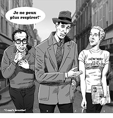 Cartoon spoof of the Richard Linklater film about the making of the film Breathless showing the original film's director, Jean-Luc Godard looking with distress at actors Aubry Dullin and Zoey Deutch portraying Jean-Paul Belmondo and Jean Seberg and grabbing his neck and chest and crying 'Je ne peux plus respirer!' or 'I can't breathe!’