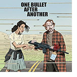 Cartoon spoof of the Paul Thomas Anderson film One Battle After Another retitled One Bullet After Another. It shows burnt-out revolutionary Bob (Leonardo DiCaprio) giving his teen-aged daughter Willa (Chase Infiniti) a birthday present of an automatic rifle with a bow and tag that reads 'Happy Sweet M-16th!’ as bullets fly by around them.