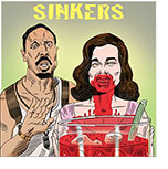 Cartoon spoof of the vampire horror film Sinners retitled Sinkers showing Smoke (or is it twin Stack?) played by Michael B. Jordan shocked to see Mary (Hailee Steinfeld) covered in blood-like liquid on her face and chest as she obviously dipped into a massive Bloody Mary in front of her.