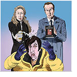 Cartoon spoof of the horror film The Conjuring: Last Rites showing the married paranormal investigators Lorraine and Ed Warren (Vera Farmiga and Patrick Wilson) trying to defeat the comedic character Little Nicky (Adam Sandler) by dousing him with Liquid Death water and brandishing a copy of the novel The Exorcist at him.