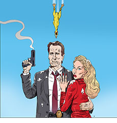 Cartoon spoof of the comedy film The Naked Gun showing Lt. Frank Drebin Jr. (Liam Neeson) holding a smoking handgun facing upward in his right hand and embracing girlfriend Beth Davenport (Pamela Anderson) with the other. They have bird poop on their shoulders and in their hair and he's shot the rubber chicken responsible, which falls from the sky above them.