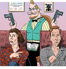 Cartoon spoof of the dark comedy film The Roses showing the title couple Ivy (Olivia Colman) and Theo (Benedict Cumberbatch) on two therapist’s couches across from each other with her pointing agitatedly at him as he rolls his eyes and looks miserable. Behind them in a chair is 'Certified Film Couples Counselor' and critic E. Basil St. Blaise who is clearly sick of them both and hands each a gun to end their marriage.