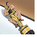 Cartoon spoof of the biographical film The Smashing Machine with Dwayne Johnson in a prestige dramatic role as MMA fighter Mark Kerr showing him wrestling in the ring and putting a hold on a life-sized Best Actor Oscar statuette from behind.