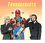 Cartoon spoof of the Marvel superhero film Thunderbolts* retitled Thunderblots* showing misfit team members surrounding puppet Thunderbird Virgil Tracy and mocking him. Yelena Belova (Frances Pugh) with an 'assole' finger gesture, Alexei Shostakov (David Harbour) with a toy arrow on his head, and Bucky Barnes (Sebastian Stan) holding his hand up to his forehead with a 'loser' gesture.