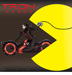 Cartoon spoof of the sci-fi film Tron: Ares retitles Tron: Arses showing the title character played by Jared Leto speeding away on a motorcycle about to be swallowed up by a giant yellow Pac-Man as he reaches back and tries to control it with an outdated Atari remote control.