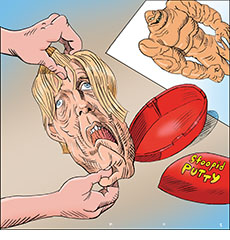 Cartoon spoof of the DC Universe horror film Clayface showing the title character Matt Hagen's (Tom Rhys Harries) face as a lump of Silly Putty that is being pulled into a grotesque shape by two hands. On the table beneath is a open red egg-shaped container labeled Stoopid Putty and a drawing of the monstrous Clayface super-villain from the animated series.