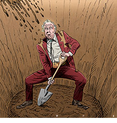 Cartoon spoof of the Alejandro González Iñárritu satirical film Digger showing the main character Digger Rockwell (Tom Cruise) deep in a hole he's dug with his shovel as he looks worriedly as dirt is being thrown down on him from above representing the negative critical reaction looking to bury the movie.