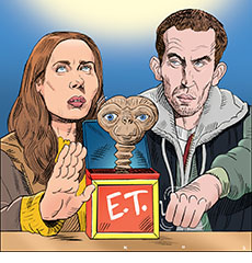 Cartoon spoof of the Steven Spielberg science fiction film Disclosure Day showing Margaret Fairchild (Emily Blunt) and Dr. Daniel Kellner (Josh O'Connor) who are dead-set on exposing governmental proof of alien life forms on earth cranking a wind-up Jack-in-the-Box toy and getting the head of E.T. to pop up.