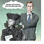 Cartoon spoof of the dark comedy thriller How to Make a Killing concerning a disowned young man killing his family members to inherit a fortune that shows the title character  Becket Redfellow (Glen Powell) reaching out his gloved hands to strangle Lady Agatha D'Ascoyne (Alec Guinness) from the original Ealing comedy from 1949 that it's based on. She's holding a copy of a script with that title, Kind Hearts & Coronets and Redfellow is thinking to himself, "Murder the forbear, steal the plot, get rich!’