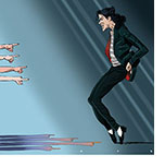 Cartoon spoof of the musical biopic about Michael Jackson called Michaeil which omits reference to the many allegations against the performer of pedophilia. Here he is seen doing his Moonwalk away from the extending shadows of the ams of young boys' arms pointing at him in accusation.