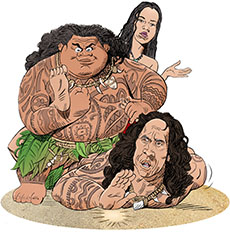 Cartoon spoof of the Disney live-action remake of the animated adventure Moana showing the cartoon version of the Polynesian demigod Maui wrestling Dwayne Johnson as the same character to the ground by sitting on his back twisting both his leg and arm. Johnson pounds the sand in submission as Moana (Catherine Laga’aia) looks on in disappointment.
