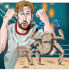 Cartoon spoof of the sci-fi film Project Hail Mary showing science teacher and reluctant astronaut Ryland Grace (Ryan Gosling) fighting the boredom of space travel by making a makeshift boxing ring and little gloves for his alien friend Rocky cheering him on like he was Rocky Balboa.