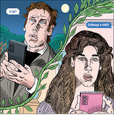 Cartoon spoof of the 2026 film adaptation of Sense and Sensibility satirizing its more modern approach. It shows a split screen image of  Edward Ferrars (George MacKay) outside at night texting 'U Up?' to Elinor Dashwood (Daisy Edgar-Jones), seen in her boudoir. She replies, 'Cribbage n chill?'