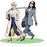 Cartoon Spoof of the sequel The Devil Wears Prada 2 focused on the masochistic relation of sub Andy Sachs (Anne Hathaway) to her former boss and still dom Miranda Priestley (Meryl Streep) that shows her being pulled by a studded collar around her neck attached to a chain in the older fashion editor’s hand. Both are dressed stylishly and Priestly wears red shoes with trident high heels, one of which she grinds into the toe of Andy’s boot to discipline her.