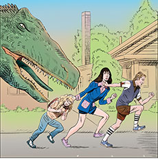 Cartoon spoof of the sci-fi adventure film The End of Oak Street about a suburban neighborhood invaded by rampaging dinosaurs. It shows members of the Platt family running scared through their neighborhood pursued by a a massive ravenous dinosaur snapping after them. Father Greg (Ewan McGregor) leads the line, followed by wife Denise (Anne Hathaway) who he is straight-arming to the neck to keep her from overtaking him. She in turn reaches behind her to stymie their blonde daughter and have her be closest to the beast’s jaws.