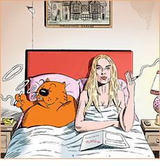 Cartoon spoof of Emerald Fennell's revisionist version of Wuthering Heights showing Cathy (Margot Robbie) smoking a post-coital cigarette in bed beside the cartoon cat Heathcliff in a cheesy room at The Moors No-Tell Motel under a picture of Thrushcross Grange.