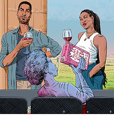  Cartoon spoof of the romantic comedy You, Me & Tuscany showing the film's lovers Michael (Regé-Jean Page) and Anna (Halle Bailey) on the screen drinking glasses of wine in the Italian countryside as a young woman watching in the front row holds up a box of You, Me & Tuscany Red Wine that she’s sucking down through a straw.