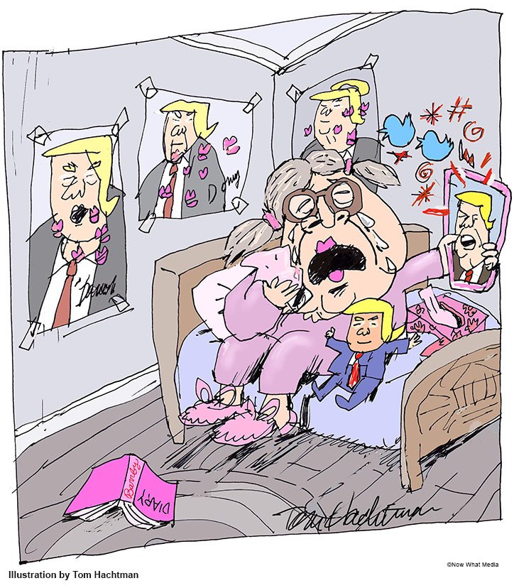 Attorney General Bill Barr as a tween girl in her bedroom crying into a tissue as she looks at her smartphone with Donald Trump’s face angrily tweeting invective. Next to her on the bed is a Trump doll and the walls are plastered with posters of Trump covered in kisses. On the floor is a tossed Diary with the name Barrby on it.
