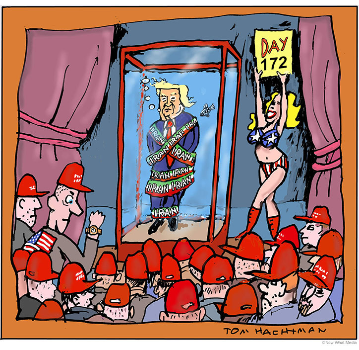 Political cartoon about the Iran war dragging on showing President Trump in a water tank on stage bound by chains that read IRAN. He's in front of a crowd of restive MAGA fans looking unhappy and checking their watches as a scantily-clad blonde ring girl parades next to the tank holding up a card that reveals how many days the conflict has been going on.