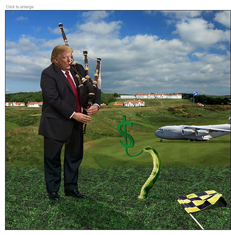 Donald Trump playing bagpipes at his Tirnberry golf resort and summoning a snake with dollar sign tongue