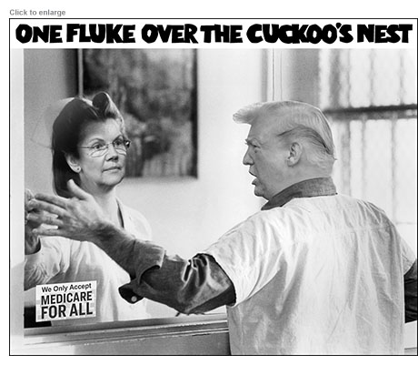 Elizabeth Warren as Nurse Ratched and Donald Trump as McMurphy in One Fluke Over the Cuckoo's Nest spoof of Medicare-For-All