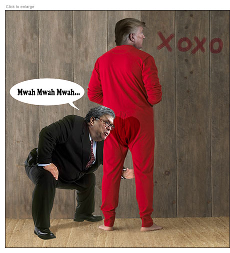Donald Trump in a Valentine's Union Suit having his ass kissed by Attorney General William Barr
