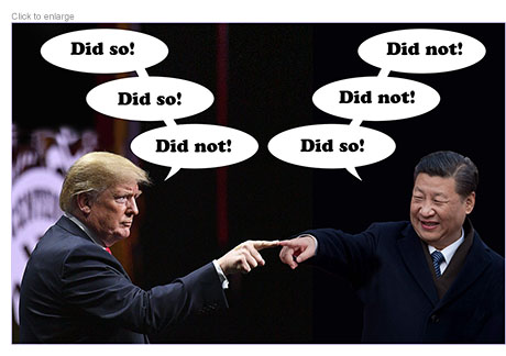 President Trump of USand President Xi of PRC pointing fingers at each other in blame game saying Did so! and Did not!