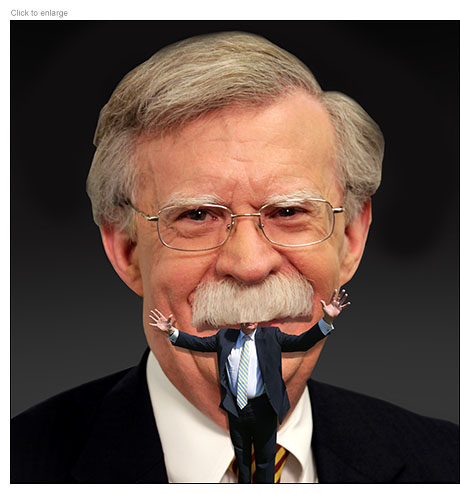 Former National Security Advisor John Bolton’s head looms behind President Donald Trump as his mustache obscures his former boss’ face, a symbolic reference to his tell-all book The Room Where It Happened