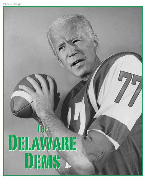 Presidential candidate Joe Biden in the pose of Jets quarterback Joe Namath with a football in his hand and the number 77, representing his age, on his sleeve. The team name is The Delaware Dems.
