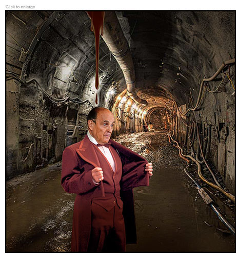Rudy Giuliani in a My Cousin Vinny suit appearing in a sewer where an overhead pipe is dripping waste on his head.