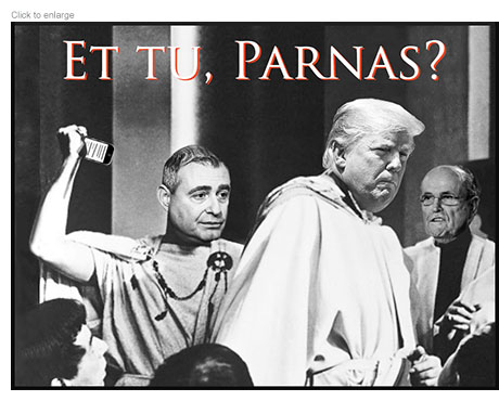 Lev Parnas as Brutus attacks Donald Trump as Julius Caesar with a smart phone as Rudy Giluiani looks on