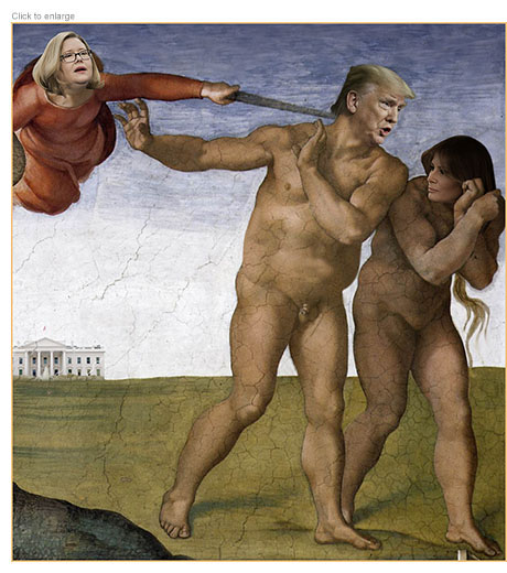 Parody of the Michelangelo painting of the Expulsion from the Garden of Eden with GSA Aministrator Emily Murphy as the angel driving Donald Trump as Adam and Melania as Eve from the White House.
