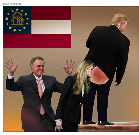 Georgia Republican Senate candidate David Perdue in line behind Kelly Loeffler who kisses Donald Trump’s peachy ass.