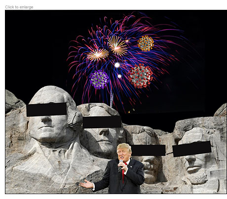 President Trump speaking in front of Mount Rushmore with black bars over Presidents' eyes. Fireworks in background include coronaviruses.